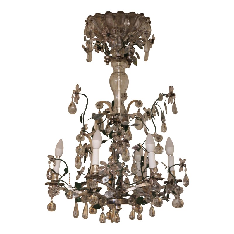 Lustre en bronze argenté et fer forgé vert à cristaux fleurs. - Moinat - Lustres, Plafonniers Lustre en bronze argenté et fer forgé vert à cristaux fleurs. - Moinat - Lustres, Plafonniers