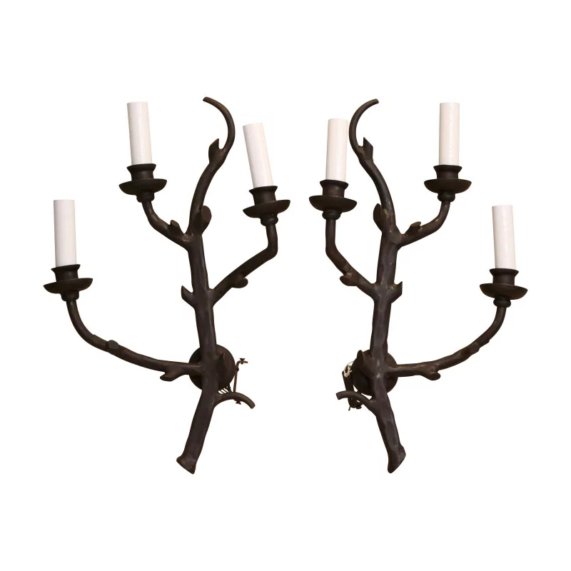 Pair of raw wrought iron wall lights with 3 lights. - Moinat - Wall lights, Sconces