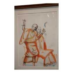 Tableau représentant 2 moines boudhistes. Artiste genevois …