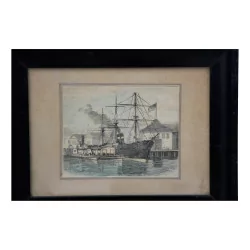 Marine engraving representing a port probably Rotterdam in …