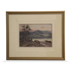картина акварелью, изображающая край деревенского озера...