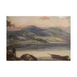 Tableau aquarelle représentant le bord d'un lac de campagne …