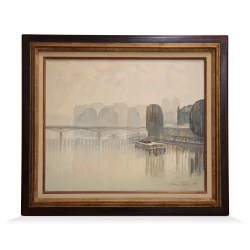 Oil painting on canvas representing the Seine in Paris with a …