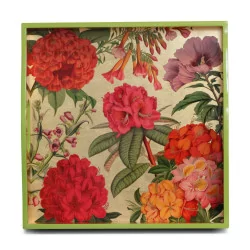Tray in green lacquer with floral motifs on a golden background