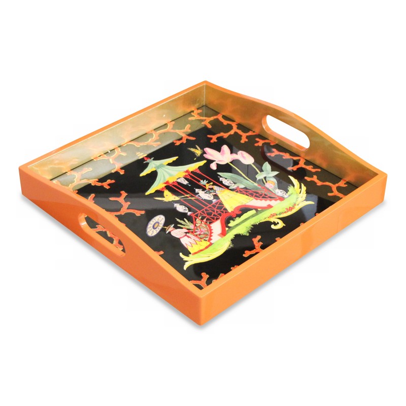 Plateau en laque orange et doré - Moinat - Accessoires de décoration Plateau en laque orange et doré - Moinat - Accessoires de décoration