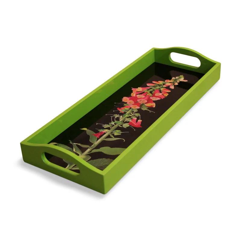 Tablett in grünem Lack mit lila Fingerhut-Dekorationen auf der - Moinat - Dekorationszubehör
