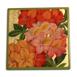 Set of coasters in green lacquer with floral decorations on …