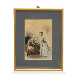 Гравюра с изображением пожилой дамы и молодой женщины.