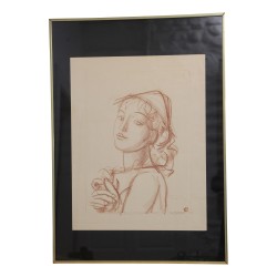 Red chalk painting of a portrait of a woman signed lower right