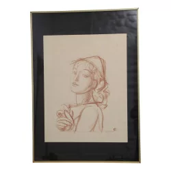 Tableau sanguine d’un portrait de femme signé en bas à droite