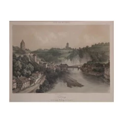Colored engraving of the city of Fribourg. “View of the old...
