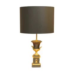 Charles X lamp in chiseled burnished bronze with black lampshade, gold interior.