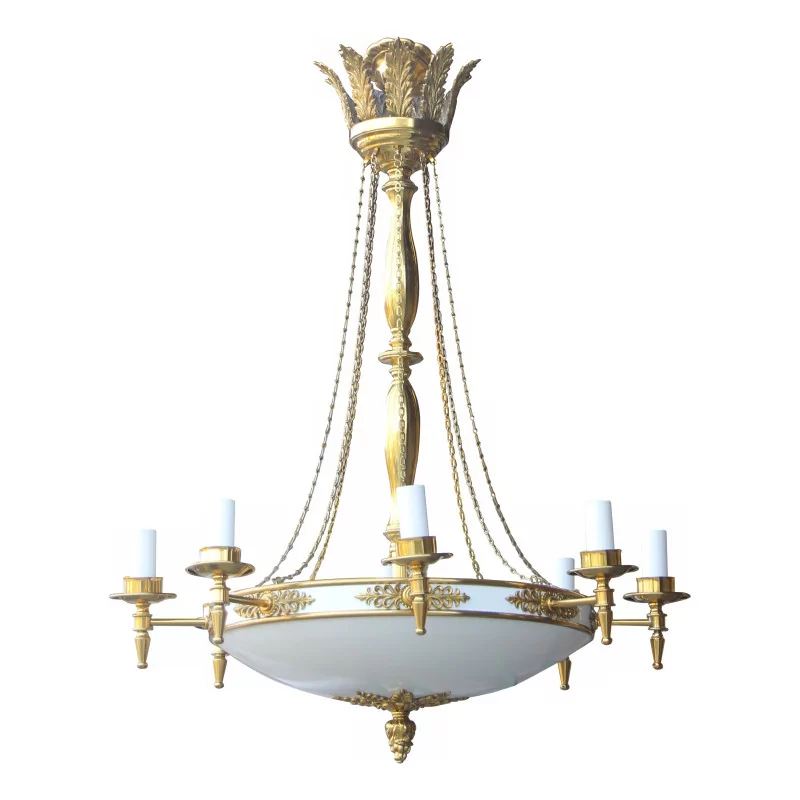 Empire style chandelier in brass with a white dome … - Moinat - Chandeliers, Ceiling lamps