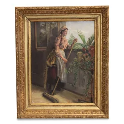 Painting of an interior scene with a woman at the window...