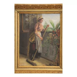 Gemälde einer Innenszene mit einer Frau am Fenster...