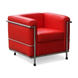 Fauteuil style Le Corbusier en cuir italien rouge.