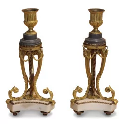 Pair of Louis XVI candlesticks in chiseled gilt bronze decorated with …