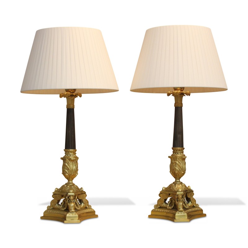 Pair of Empire tripod column lamps in gilt bronze and … - Moinat - Table lamps Pair of Empire tripod column lamps in gilt bronze and … - Moinat - Table lamps