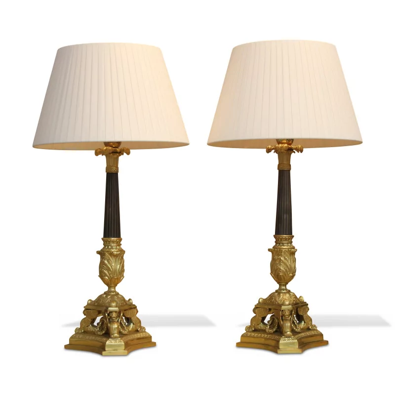 Paire de lampes colonnes Empire tripodes en bronze doré et … - Moinat - Lampes de table
