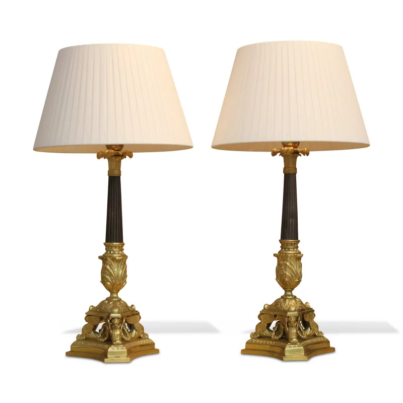 Pair of Empire tripod column lamps in gilt bronze and … - Moinat - Table lamps