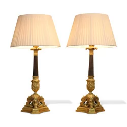 Pair of Empire tripod column lamps in gilt bronze and …
