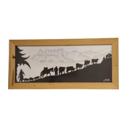 Cut-out representing a climb to the mountain pasture with the Dents du …