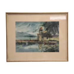 Tableau aquarelle “Bord de lac et château” signé en bas à …