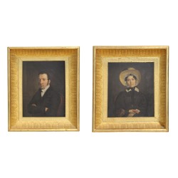 Pair of oil on wood portraits with papier-mâché frames …