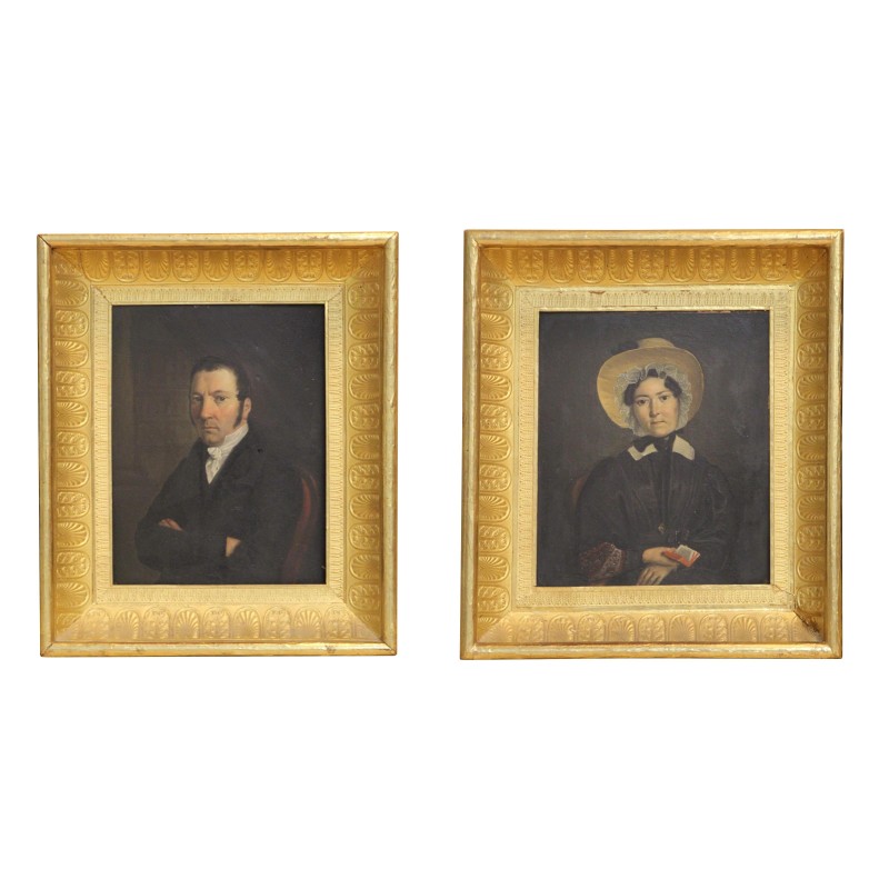 Paar Öl-auf-Holz-Portraits mit Pappmaché-Rahmen … - Moinat - Gemälden - Portraits Paar Öl-auf-Holz-Portraits mit Pappmaché-Rahmen … - Moinat - Gemälden - Portraits