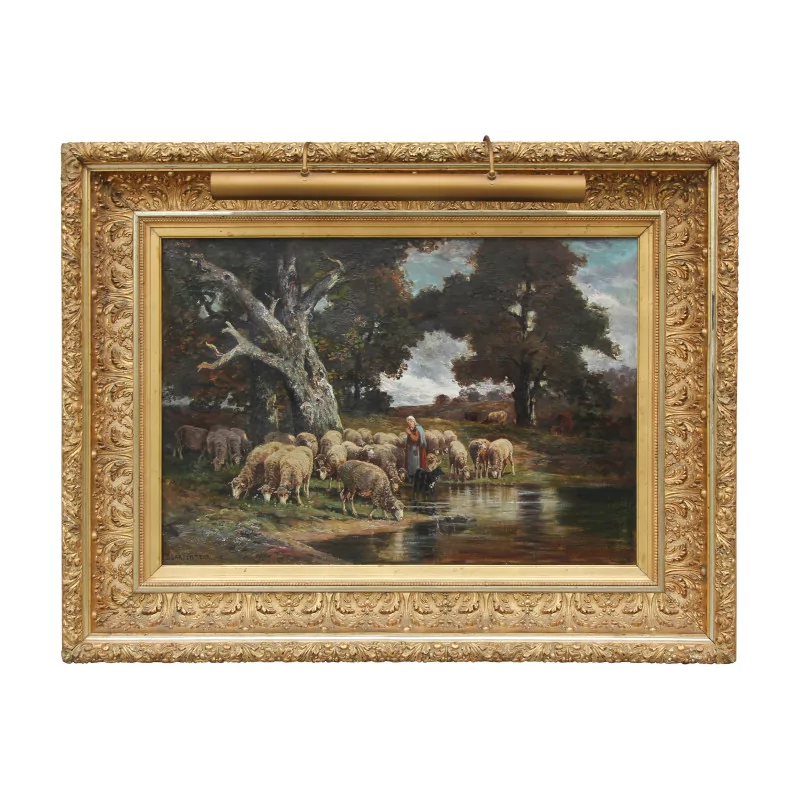 Grand tableau représentant une bergère, son chien et son … - Moinat - Tableaux - Paysage