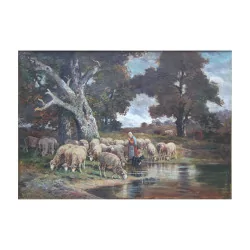 Большая картина, изображающая пастушку, ее собаку и ее …