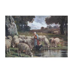 Большая картина, изображающая пастушку, ее собаку и ее …