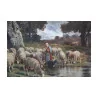 Large painting representing a shepherdess, her dog and her … - Moinat - Painting - Landscape