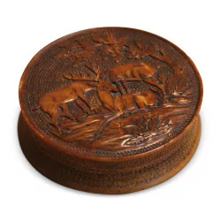 carved wooden box decorated with deer. Brienz Switzerland, 19th …