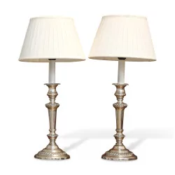 Pair of English candlesticks mounted as a lamp with shade in …