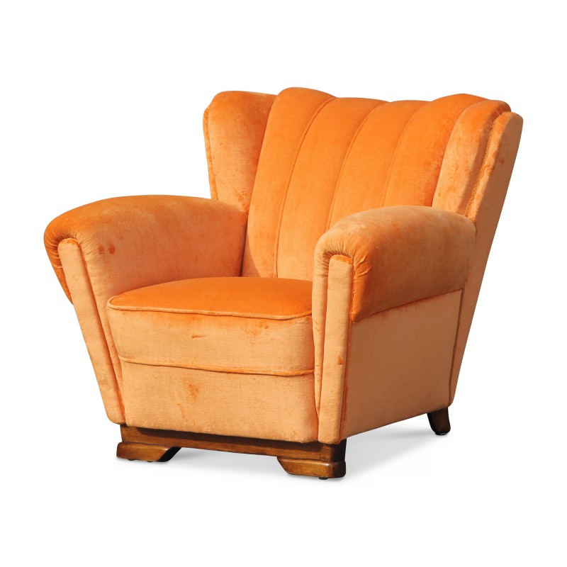 Bergère des années 50 recouverte de velours orange. Hauteur … - Moinat - Fauteuils Bergère des années 50 recouverte de velours orange. Hauteur … - Moinat - Fauteuils