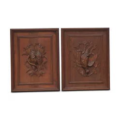 Pair of carved wooden hunting panels. Brienz, Switzerland.