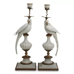 Pair of Parrot candlesticks in white porcelain on a …