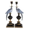 Pair of Parrot candlesticks in blue painted porcelain on … - Moinat - Candleholders, Candlesticks