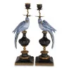 Paire de chandeliers Perroquet en porcelaine peinte bleue sur - Moinat - Bougeoirs, Chandeliers