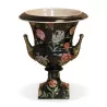 Porcelain vase painted with floral motifs on a black background and … - Moinat - Boxes, Urns, Vases
