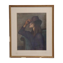 Dessin aux pastels Femme au chapeau