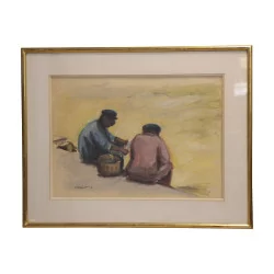 Gouache painting Two seated men