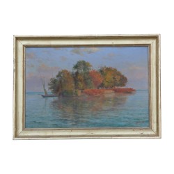 Tableau huile sur toile Île de la Harpe (Rolle VD) signée en …