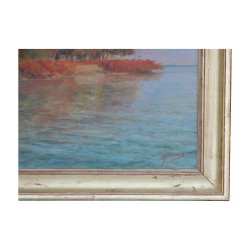 Tableau huile sur toile Île de la Harpe (Rolle VD) signée en …
