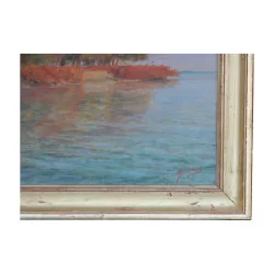 Oil painting on canvas Île de la Harpe (Rolle VD) signed …
