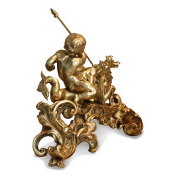 Pair of andirons with Putti and dragon in gilded bronze.