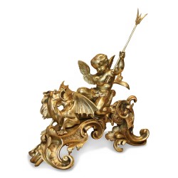 Pair of andirons with Putti and dragon in gilded bronze.