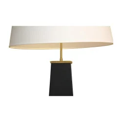 Lampe base carrée noir avec pieds et décors bronze, abat-jour …