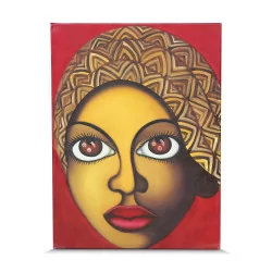 Toile “Femme africaine” sur fond rouge.